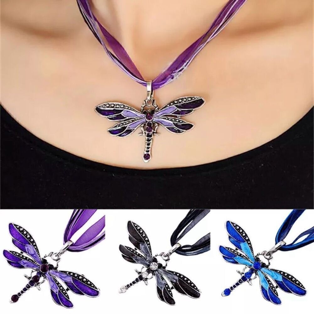 Crystal Dragonfly Ribbon Casual Pendant Purple Necklace - Picture 3 of 4